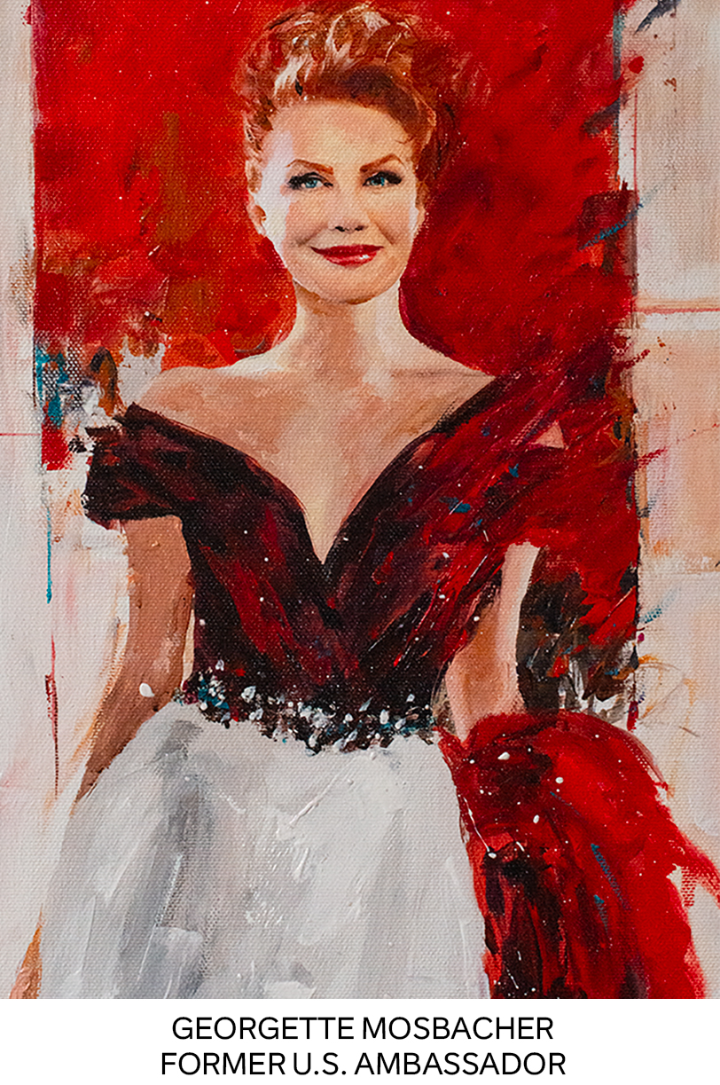 Portrait of Georgette Mosbacher painted by Daniqa as a tribute to leadership and elegance