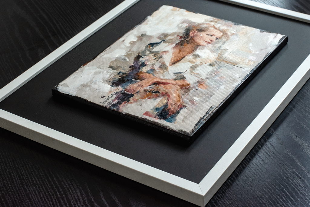 Portret Małgorzaty Kożuchowskiej autorstwa Daniqa – ręcznie malowany obraz w ramie, idealny na luksusowy prezent Portrait of Małgorzata Kożuchowska by Daniqa – hand-painted, framed artwork perfect as a luxury gift