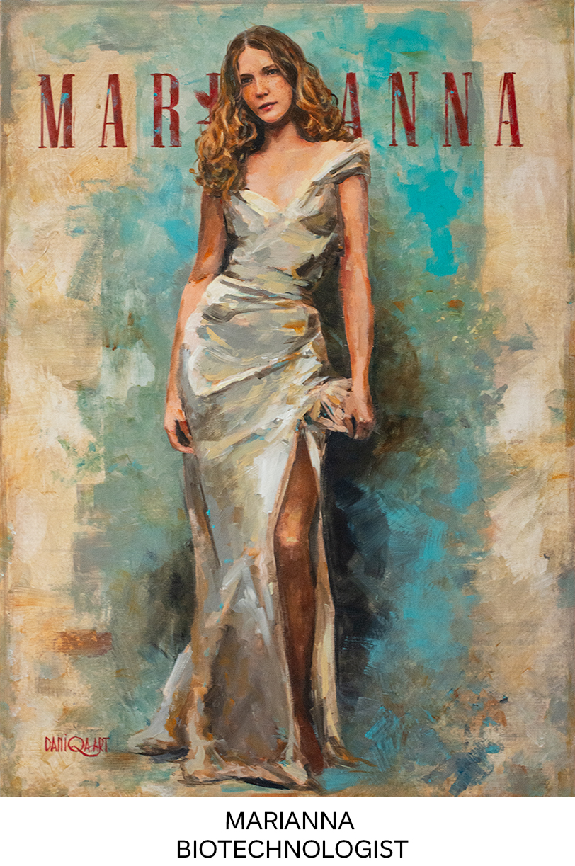 Portrait of biotechnologist Marianna N painted by Daniqa – a tribute to knowledge and beauty