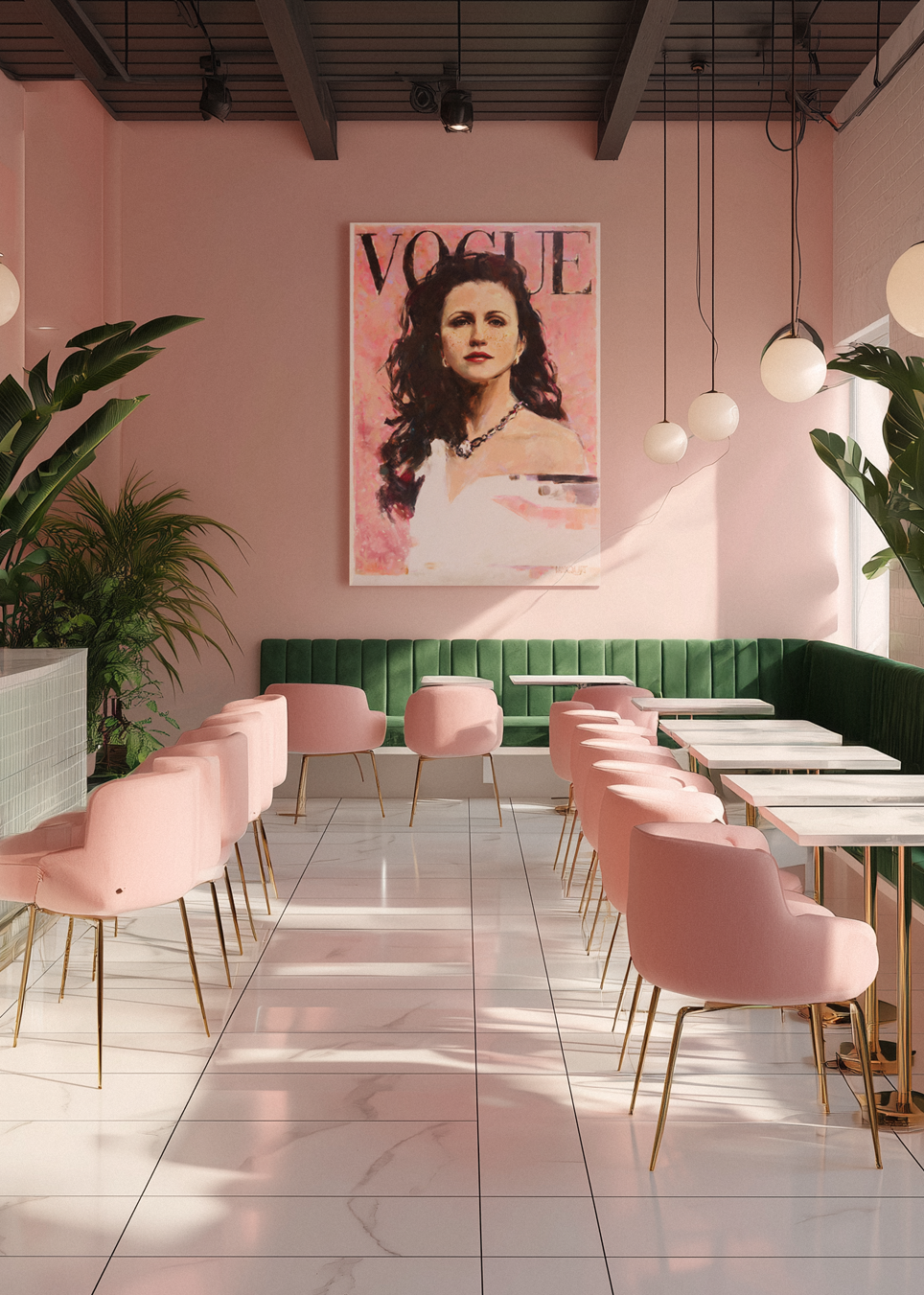 hand painted portrait of Iza as a decoration in pink interior, Portret Izy we wnętrzu architektura i portret